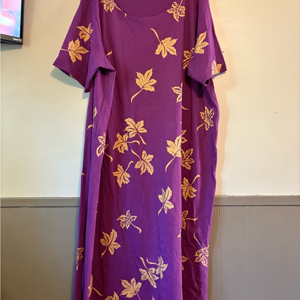 Vibrant Purple Leaf Print Maxi Dress